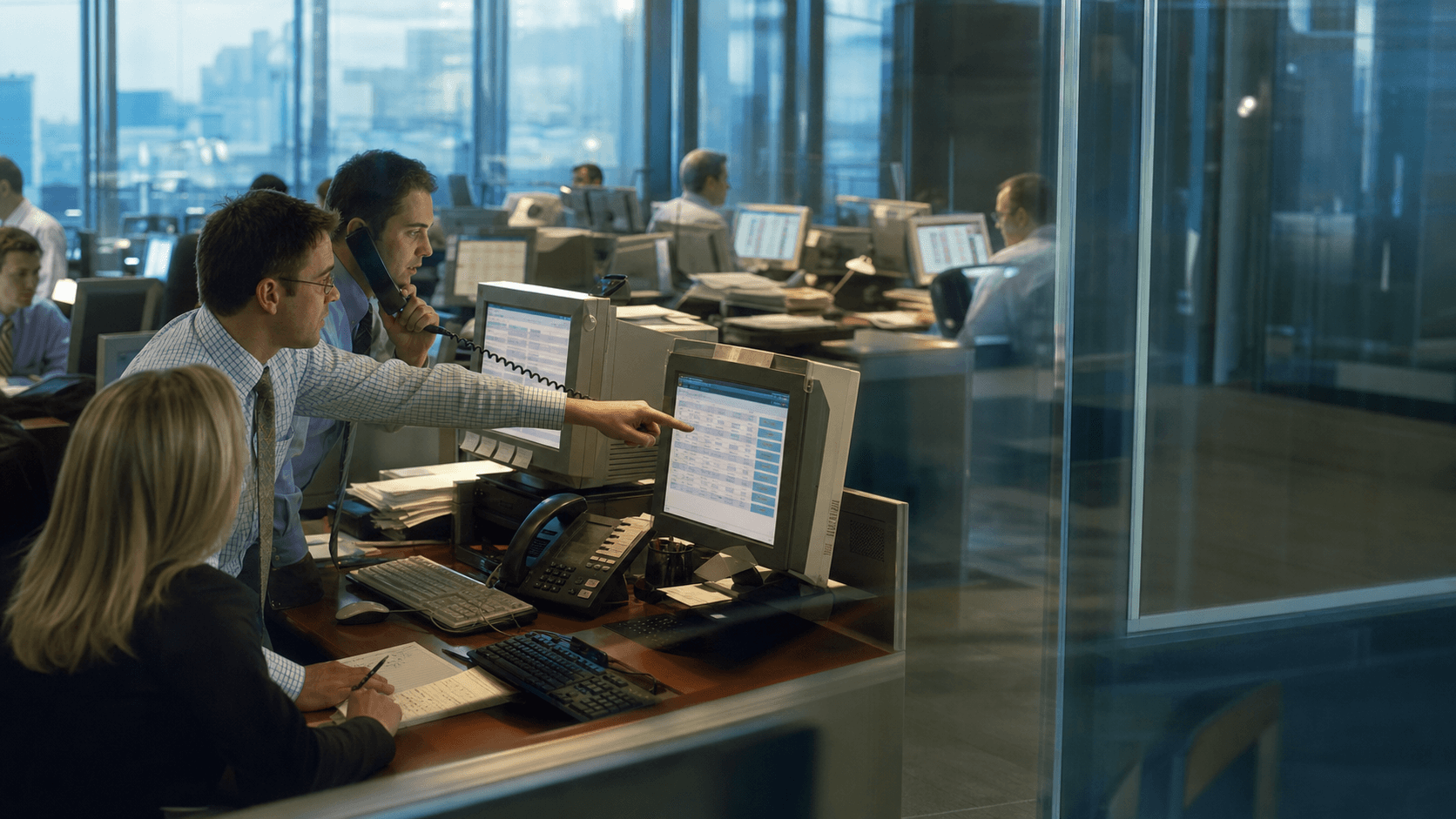 A digital insurance team compare options across period computer screens