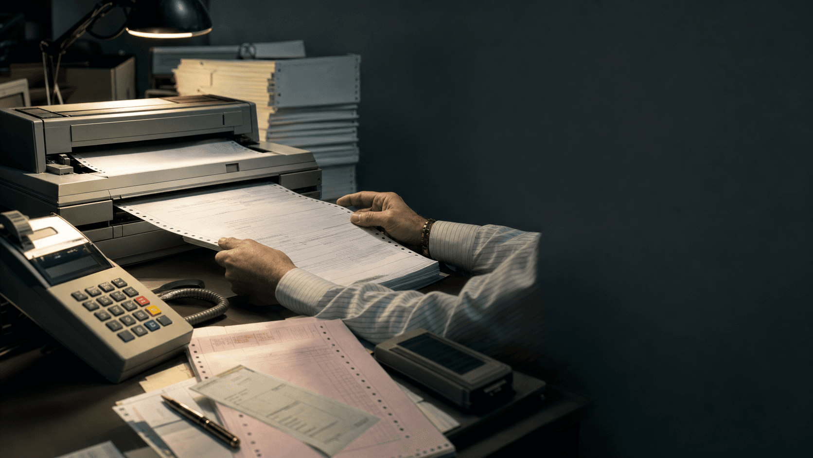 Policy documents emerge from a period printer beside payment equipment
