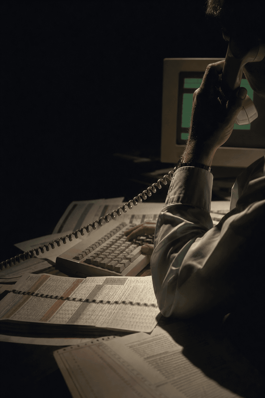 A telebroking operator works at a terminal while speaking on a corded telephone