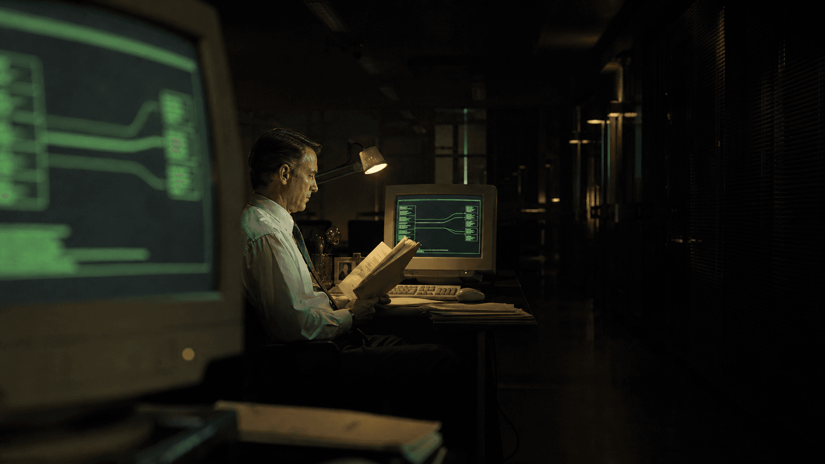 An operator compares electronic records with a paper file at period workstations