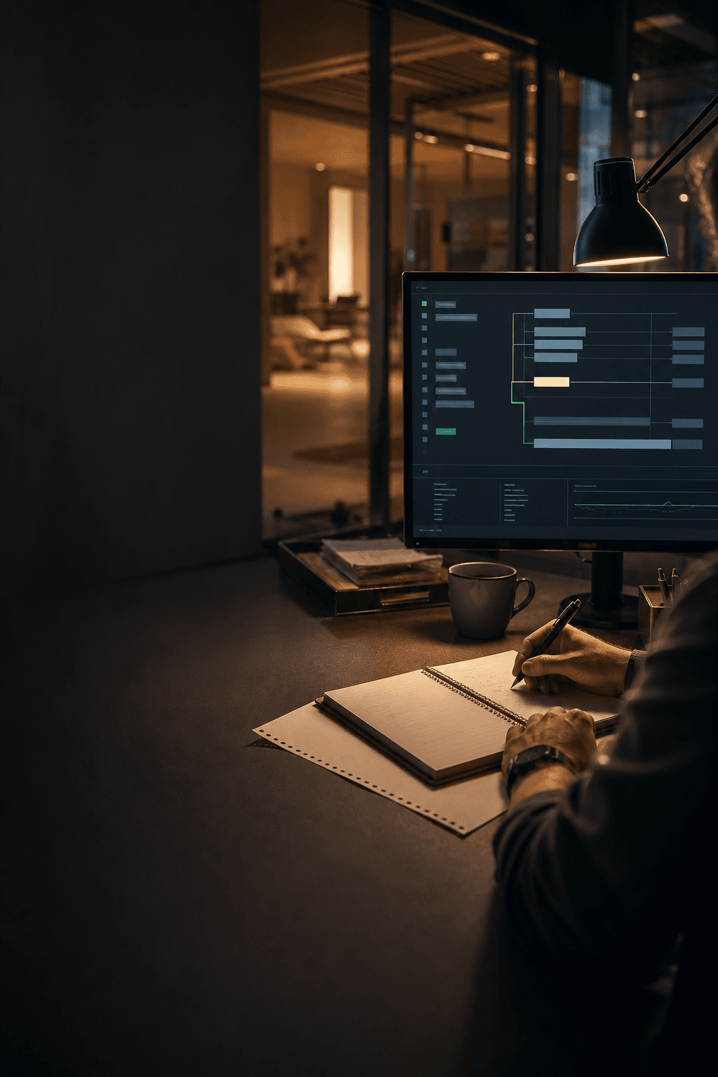 A colleague reviews a software task at a contemporary workstation